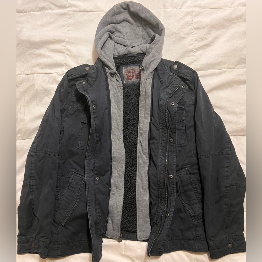 Levi’s Sherpa Lined Chore Jacket with Removable Hood, XL, black. Never worn!